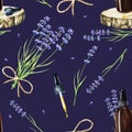 Watercolor seamless pattern with face cream in a jar and bottle of serum on a wooden saw cut with lavender isolated on