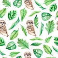 Watercolor seamless pattern with a family of sloths and leaves