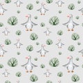 watercolor seamless pattern farm houses and pets Royalty Free Stock Photo