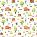 watercolor seamless pattern farm houses and pets Royalty Free Stock Photo