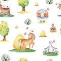 watercolor seamless pattern farm houses and pets Royalty Free Stock Photo