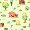 watercolor seamless pattern farm houses and pets Royalty Free Stock Photo