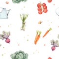 Watercolor seamless pattern with farm vegetables. My summer eco Garden background with carrots, onions, cabbage, beets, tomato. Royalty Free Stock Photo