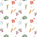 Watercolor seamless pattern with farm vegetables. My summer eco Garden background with carrots, onions, cabbage, beets, tomato. Royalty Free Stock Photo