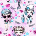 Watercolor seamless pattern with fashion teenagers. Glamorous girls with ice cream and phone, grunge girl with lemonade