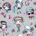 Watercolor seamless pattern with fashion teenagers. Glamorous and sport girls. Summer bright illustration. Have fun