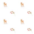 Watercolor seamless pattern of fawn with a bow and branches of berries. Cute elegant deer illustration for printing