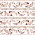 Watercolor seamless pattern feather and ornament Royalty Free Stock Photo