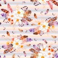 Watercolor seamless pattern with feathers and anemones bouquets on striped background