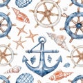 The watercolor seamless pattern features nauticals, starfish, and seashells for children's prints and textures Royalty Free Stock Photo