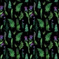 Watercolor seamless pattern with fern, plantain leaves and thistle flowers