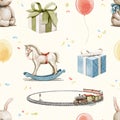 Watercolor seamless pattern with festive colorful happy birthday objects and toys