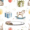 Watercolor seamless pattern with festive colorful happy birthday objects and toys