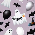 Watercolor seamless pattern with festive flags, cute ghosts, bats and balloons for halloween illustration. Hand painting Royalty Free Stock Photo
