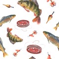 Watercolor seamless pattern with fish and fishing tools on white background. For design, postcards, stickers Royalty Free Stock Photo