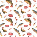 Watercolor seamless pattern with fish and fishing tools on white background. For design, postcards, stickers Royalty Free Stock Photo