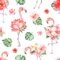 Watercolor seamless pattern flamingos and tropical flowers Royalty Free Stock Photo