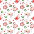 Watercolor seamless pattern with flamingos and tropical flowers Royalty Free Stock Photo