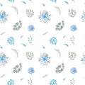 Watercolor Seamless pattern of Floral blue flowers and greenery on a white background Rose Magnolia Leaves, Tropical leaves, the Royalty Free Stock Photo