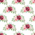 Watercolor seamless pattern floral bouquet clipart. Burgundy and pink flowers. Hand drawn digital paper Royalty Free Stock Photo