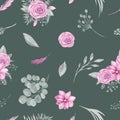 Watercolor seamless pattern of floral elements on a dark green background Pink flowers rose Magnolia Leaves, leaf and branch of Royalty Free Stock Photo