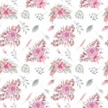 Watercolor seamless pattern of floral elements on a white background Autumn boho dried flowers, tropical leaves, eucalyptus leaf Royalty Free Stock Photo