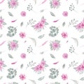 Watercolor seamless pattern of floral elements on a white background Pink flowers rose Magnolia Leaves, leaf and branch of Royalty Free Stock Photo