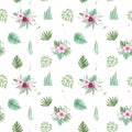 Watercolor seamless pattern of floral elements on a white background Pink flowers rose poppy Leaves Tropical leaves Palm Leaf.