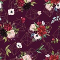 Watercolor seamless pattern. Floral geometric illustration - flowers bouquets with gold shapes / crystals on burgundy / maroon