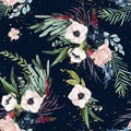 Watercolor seamless pattern. Floral illustration - blush / pink / navy anemone flowers bouquets on navy background