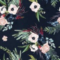 Watercolor seamless pattern. Floral illustration - blush / pink / navy anemone flowers bouquets on navy background