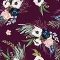 Watercolor seamless pattern. Floral illustration - blush / pink / navy anemone flowers bouquets on burgundy / maroon background