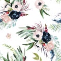 Watercolor seamless pattern. Floral illustration - blush / pink / navy anemone flowers bouquets on white background