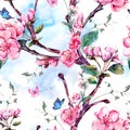 Watercolor seamless pattern with flowers apricot tree branches