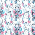 Watercolor seamless pattern with flowers and cats