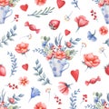 Watercolor seamless pattern with flowers, hearts, cups Royalty Free Stock Photo