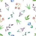 Watercolor seamless pattern with flowers, mushrooms, leaves, branches.