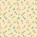 Watercolor seamless pattern with flowers, mushrooms, leaves, branches.