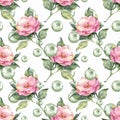 Watercolor seamless pattern. Flowers and pearls