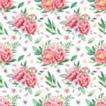 Watercolor seamless pattern of flowers of peonies, leaves, petals, anemones. Royalty Free Stock Photo