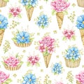 Watercolor seamless pattern with flowers in waffle cones and muffins Royalty Free Stock Photo