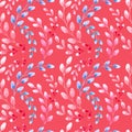 Watercolor seamless pattern with fluffy willow twigs, twigs with buds and dried flowers on a red background