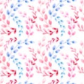 Watercolor seamless pattern with fluffy willow twigs, twigs with buds and dried flowers on a white background