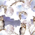 Watercolor seamless pattern with flying and sitting owls and branches.