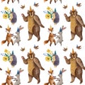 Watercolor seamless pattern with forest animals on white background