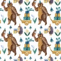 Watercolor seamless pattern with forest animals on white background