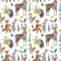 Watercolor seamless pattern with forest animals on white background