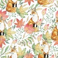 Watercolor seamless pattern with forest cute foxes, green and fall leaves, plants and branches. Autumn nature floral Royalty Free Stock Photo