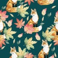 Watercolor seamless pattern with forest cute foxes, green and fall leaves, plants and branches on color background. Royalty Free Stock Photo