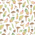 Watercolor seamless pattern forest fall leaves and mushrooms for holiday, greeting cards, posters, books, envelopes, photo album